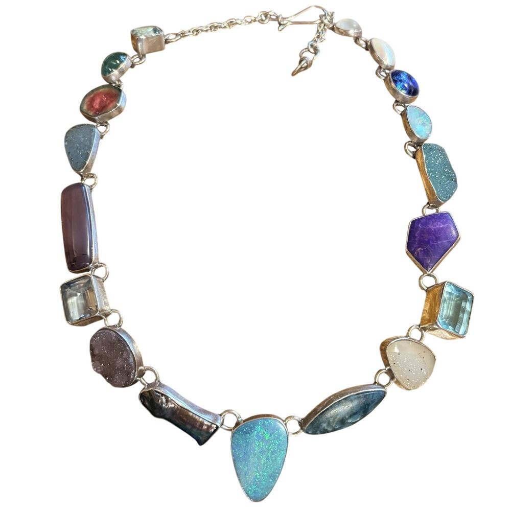 Artisan Made Necklace Sterling Silver w/ Multi Stones, Diochroic Glass & More